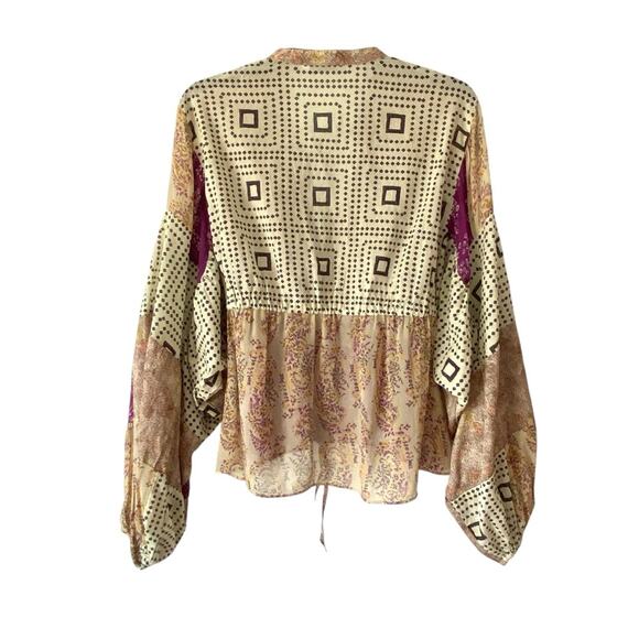 Zara Blogger Favorite Open Tie Front Bohemian Patchwork Blouse size large - Picture 4 of 9